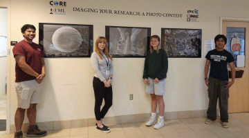 Four people stand next to a beige wall between two office doors. Staggered between them can be seen three black and white framed prints of microscopic views of different material.